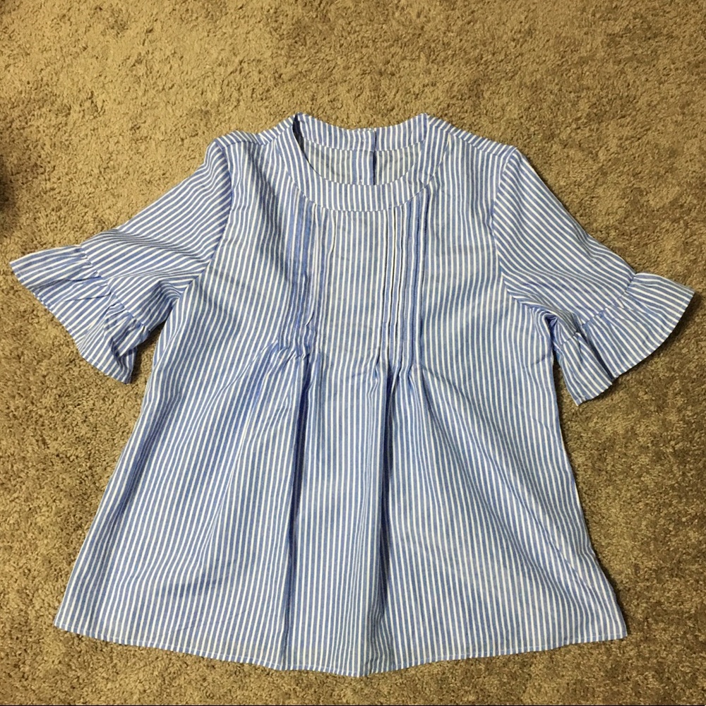 Blue/white striped babydoll top with pleating